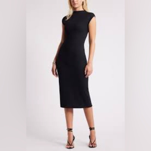 NWT OPEN EDIT Smooth Edit Funnel Neck Midi Dress Color Black Size Large - Picture 2 of 7
